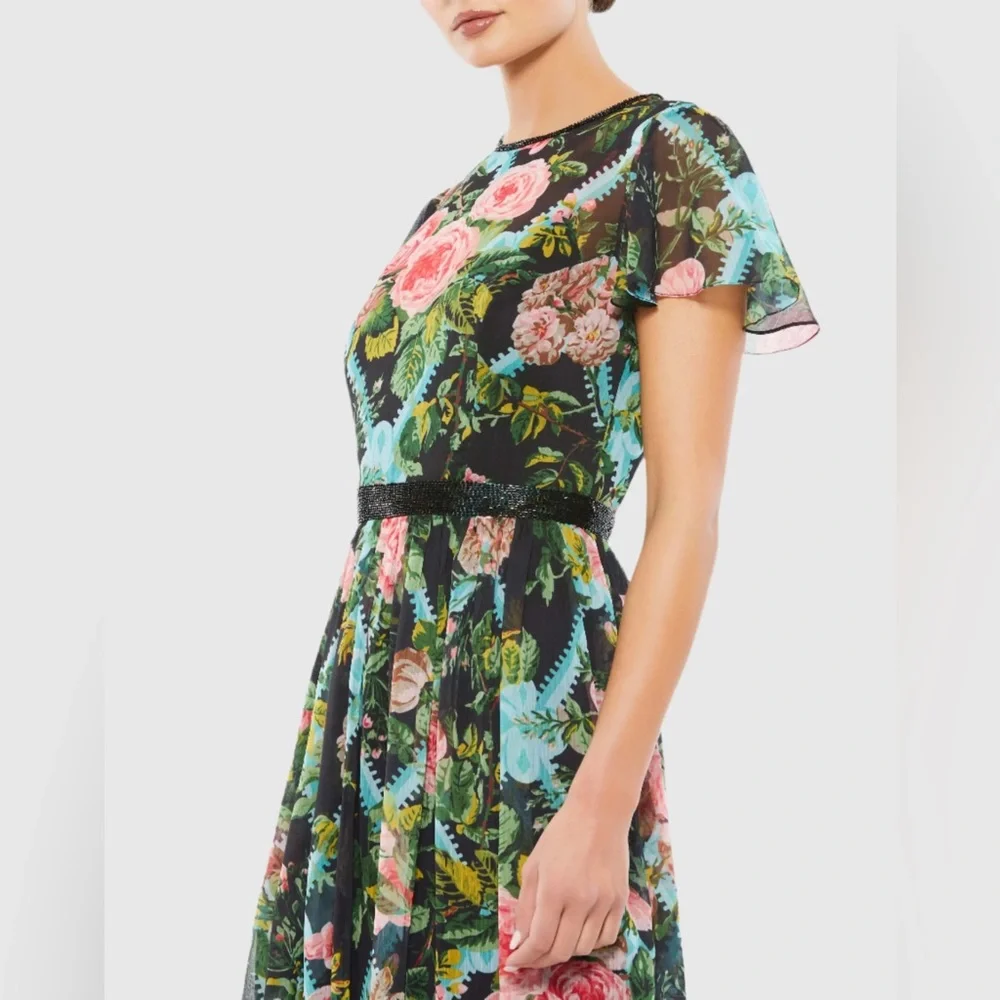 Mac Duggal Floral Illusion Cap Sleeve Midi Dress Black Multi Sheer NWT Size 8 - Picture 6 of 11